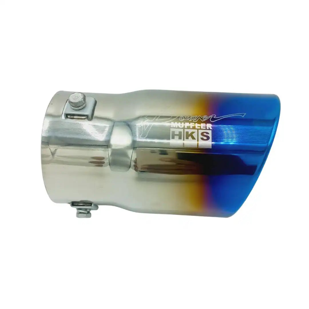 Universal HKS Burnt Stainless Steel Exhaust Muffler Tip – Chrome Silver + Blue
