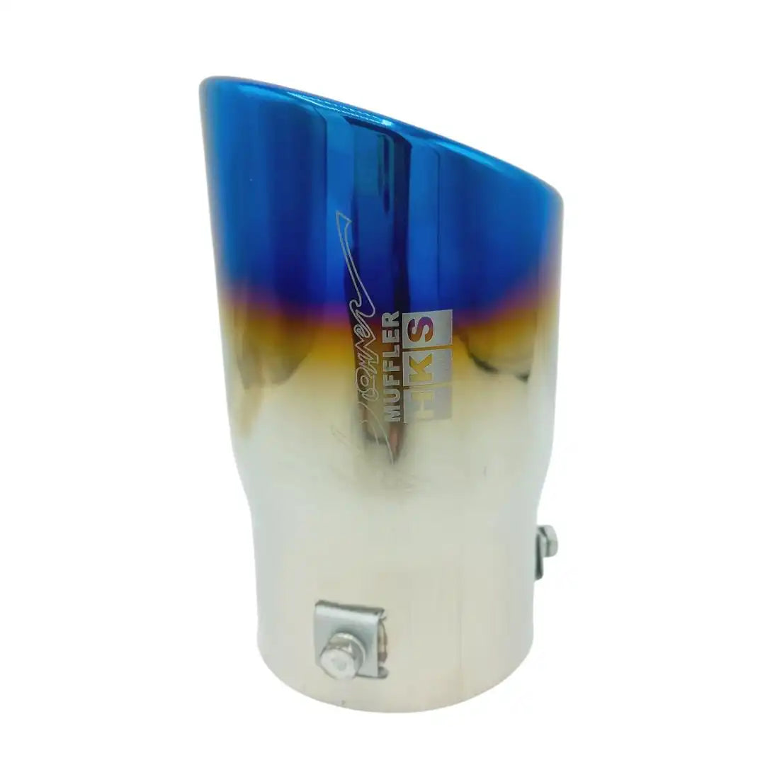 Universal HKS Burnt Stainless Steel Exhaust Muffler Tip – Chrome Silver + Blue