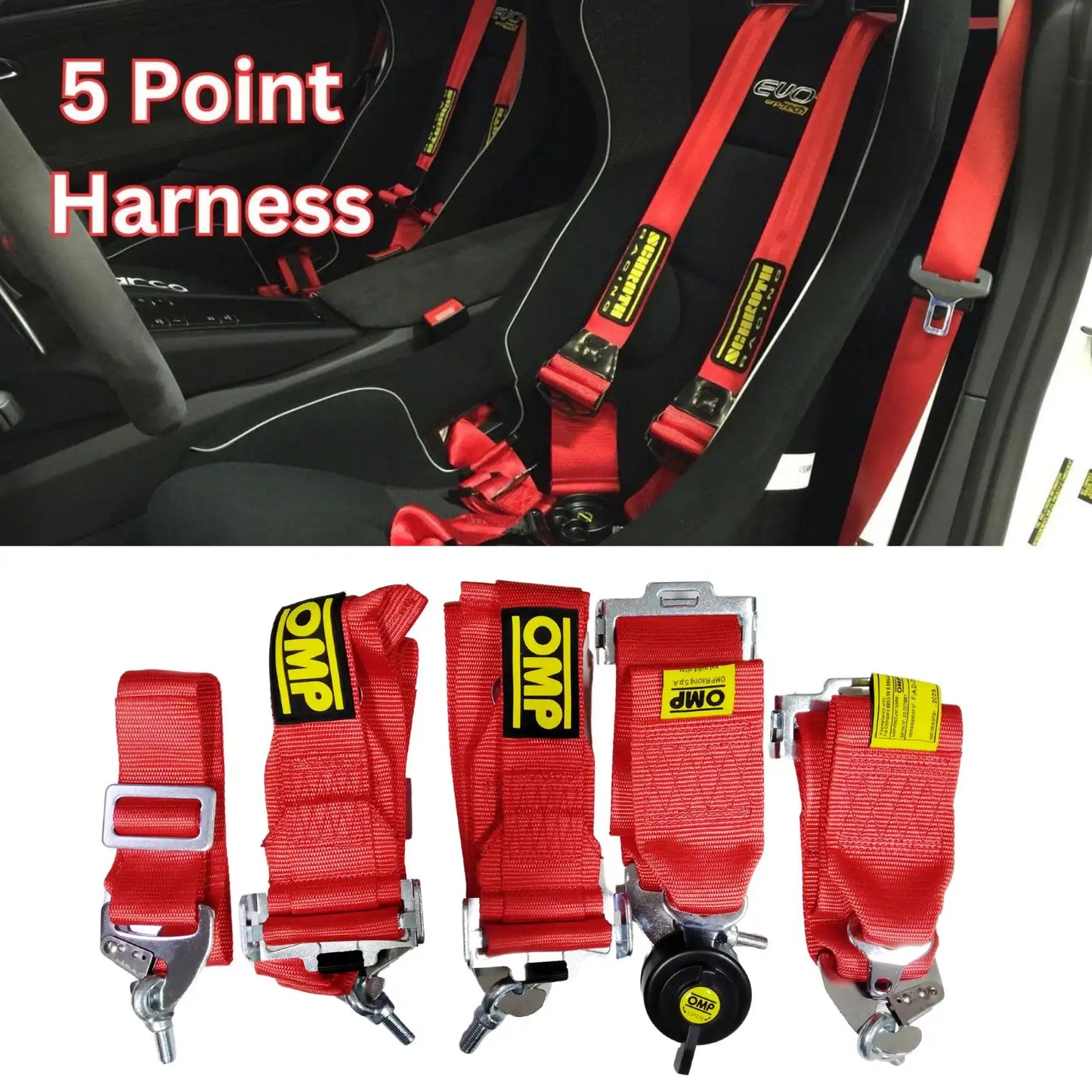 OMP 5 Point Racing Harness - Red Seat Belt (pair)