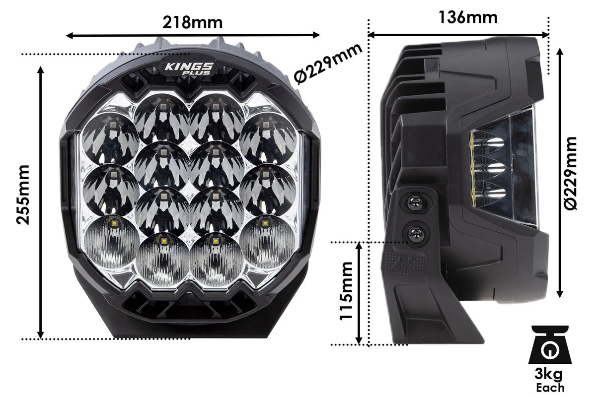 Kings Plus 9" Lethal Pro Driving lights | Covers Included | 1 Lux @ Over 1,400 M | 16,000 Over Lumens | IP68, IP69K, IK08 and CISPR25 approved | Die Cast Aluminium Brackets