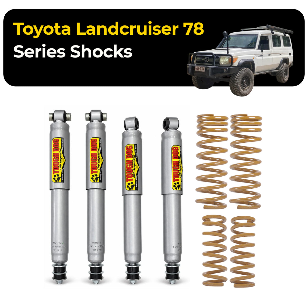 Tough Dog Suspension - Toyota LC 78 Series w Coil Springs (international) / STEEL BULLBAR - 50mm Lift Foam Cell Shocks Comfort Series