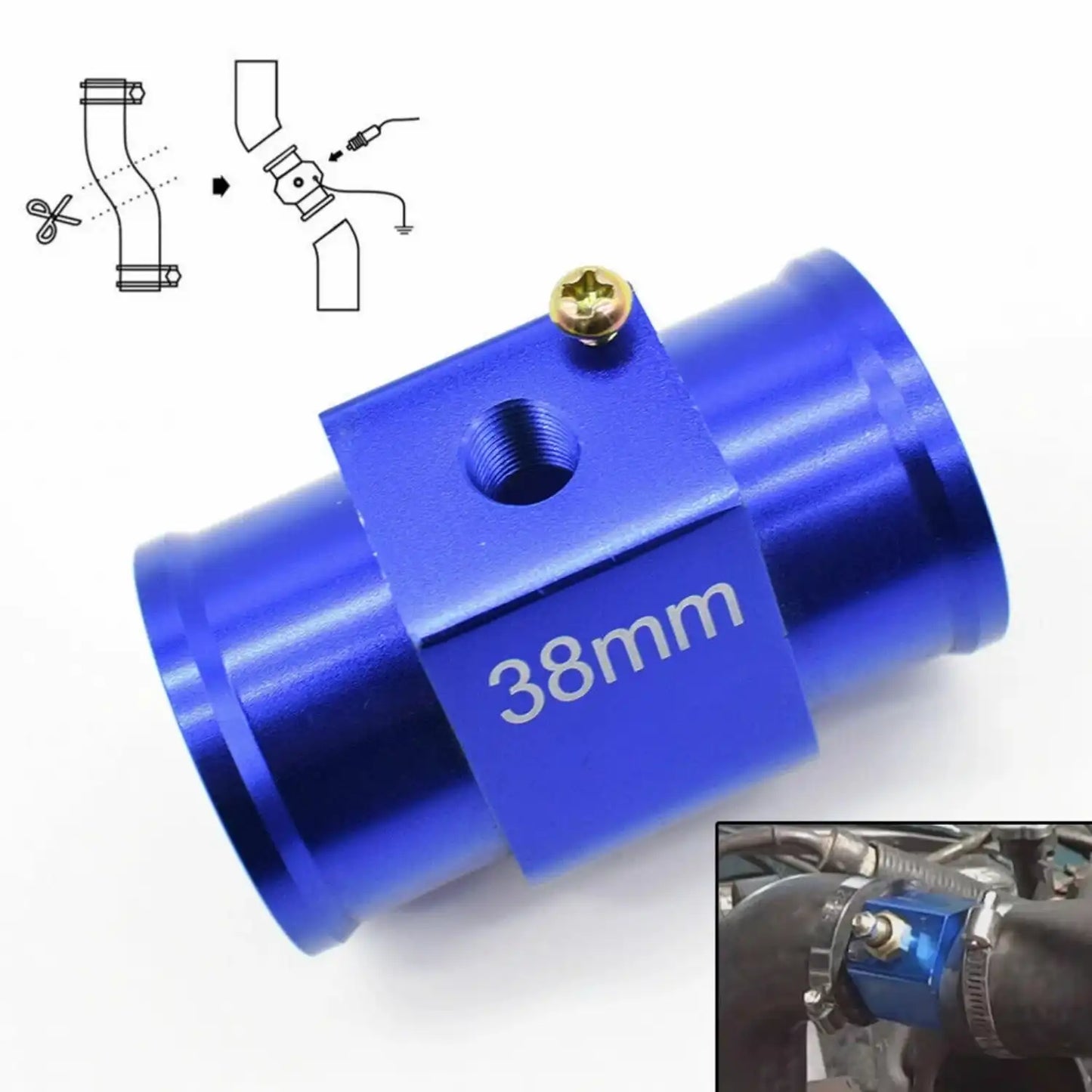 Universal 38mm Water Temp Temperature Radiator Hose Joint Pipe Adapter Blue