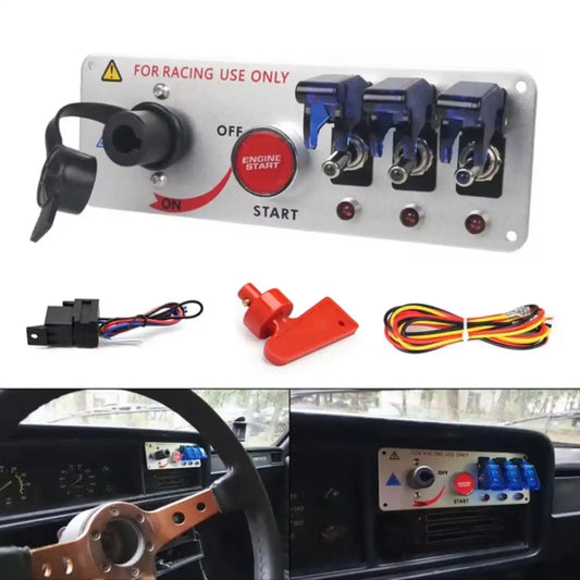 12V LED Ignition Switch Panel – 5-in-1 Engine Start Push Button with Toggle Switches