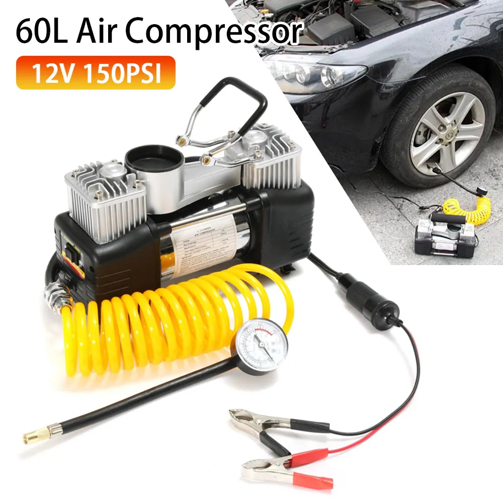 12V Portable Car Tire Air Compressor Dual Cylinder Pressure Pump – Full ...