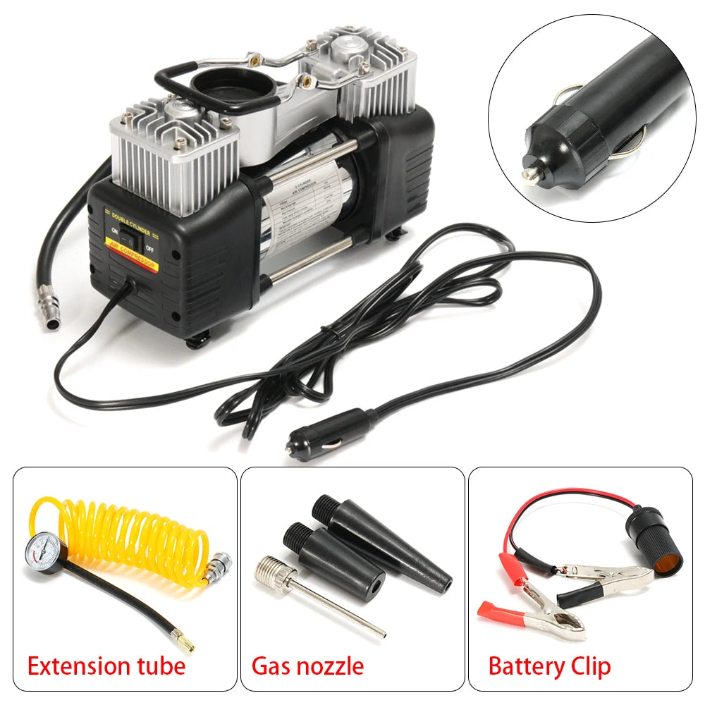 12V Portable Car Tire Air Compressor Dual Cylinder Pressure Pump