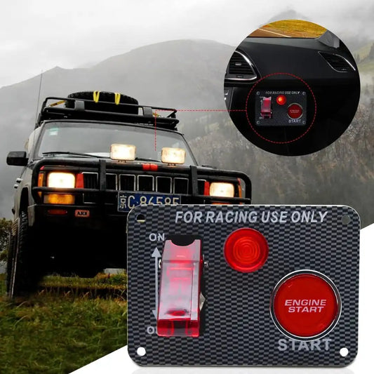 12V Racing Ignition Switch Panel with Engine Start Button & Toggle – Carbon Fiber Look