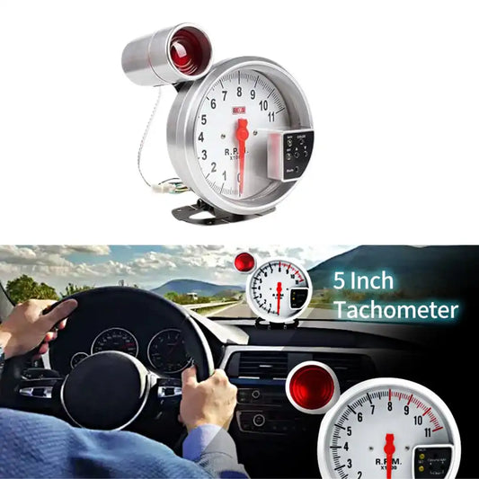 5-Inch Tachometer Gauge (White) – 12V LED RPM Meter with Shift Light for Gasoline Engines