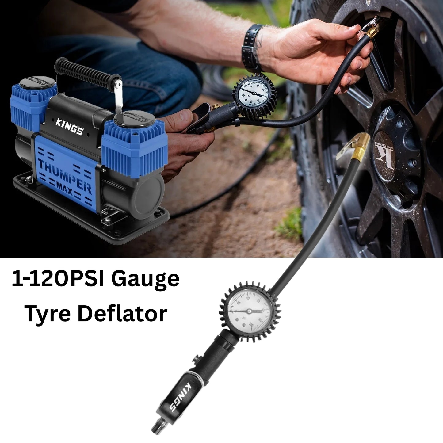 Kings 3in1 Ultimate Air Tool  Tyre Deflator | 1-120PSI Gauge | Quick-Action Inflator