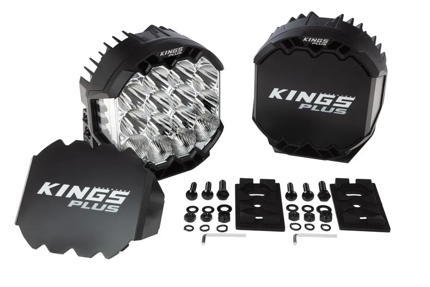 Kings Plus 9" Lethal Pro Driving lights | Covers Included | 1 Lux @ 1,627 M | 21,440 Lumens | IP68, IP69K, IK08 and CISPR25 approved | Die Cast Aluminium Brackets
