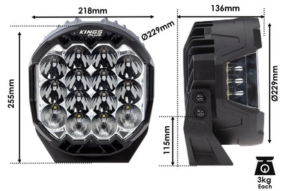 Kings Plus 9" Lethal Pro Driving lights | Covers Included | 1 Lux @ Over 1,400 M | 16,000 Over Lumens | IP68, IP69K, IK08 and CISPR25 approved | Die Cast Aluminium Brackets