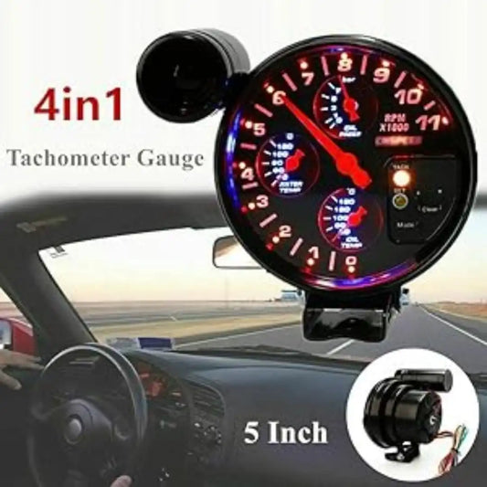 Universal 4-in-1 Automotive Tachometer – 5 inch RPM Gauge with Seat Mount (12V)