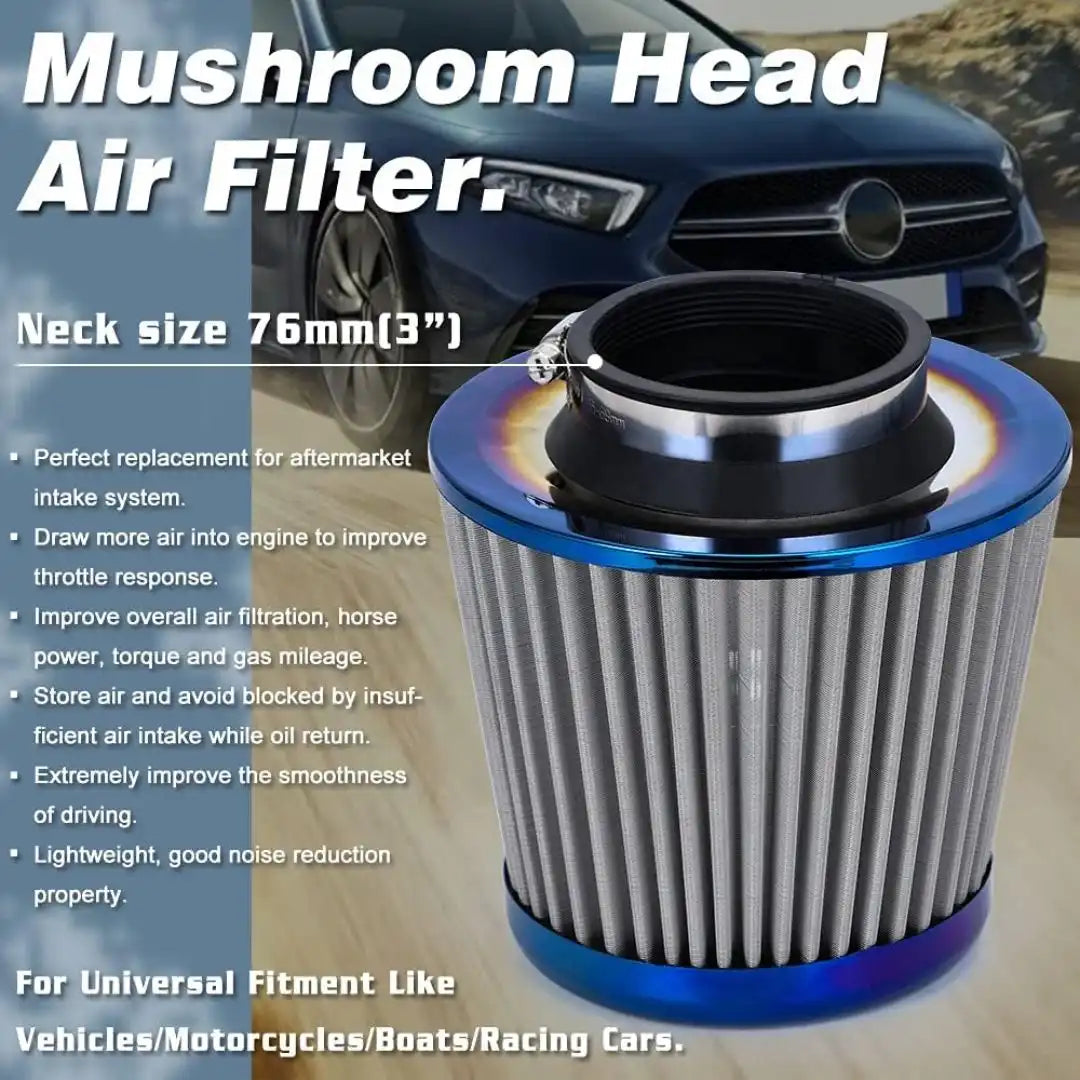 Universal 3 inch Burnt Blue Neck High-Flow Cold Air Intake Filter For Car