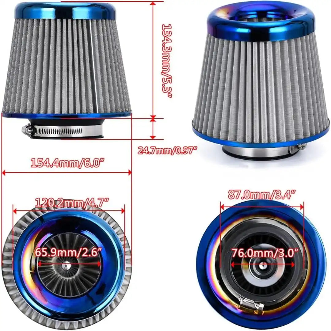 Universal 3 inch Burnt Blue Neck High-Flow Cold Air Intake Filter For Car