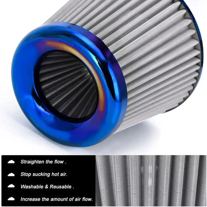 Universal 3 inch Burnt Blue Neck High-Flow Cold Air Intake Filter For Car