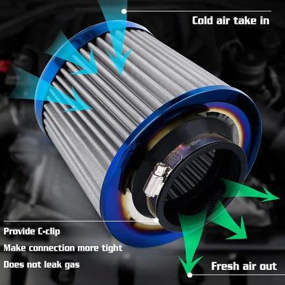 Universal 3 inch Burnt Blue Neck High-Flow Cold Air Intake Filter For Car