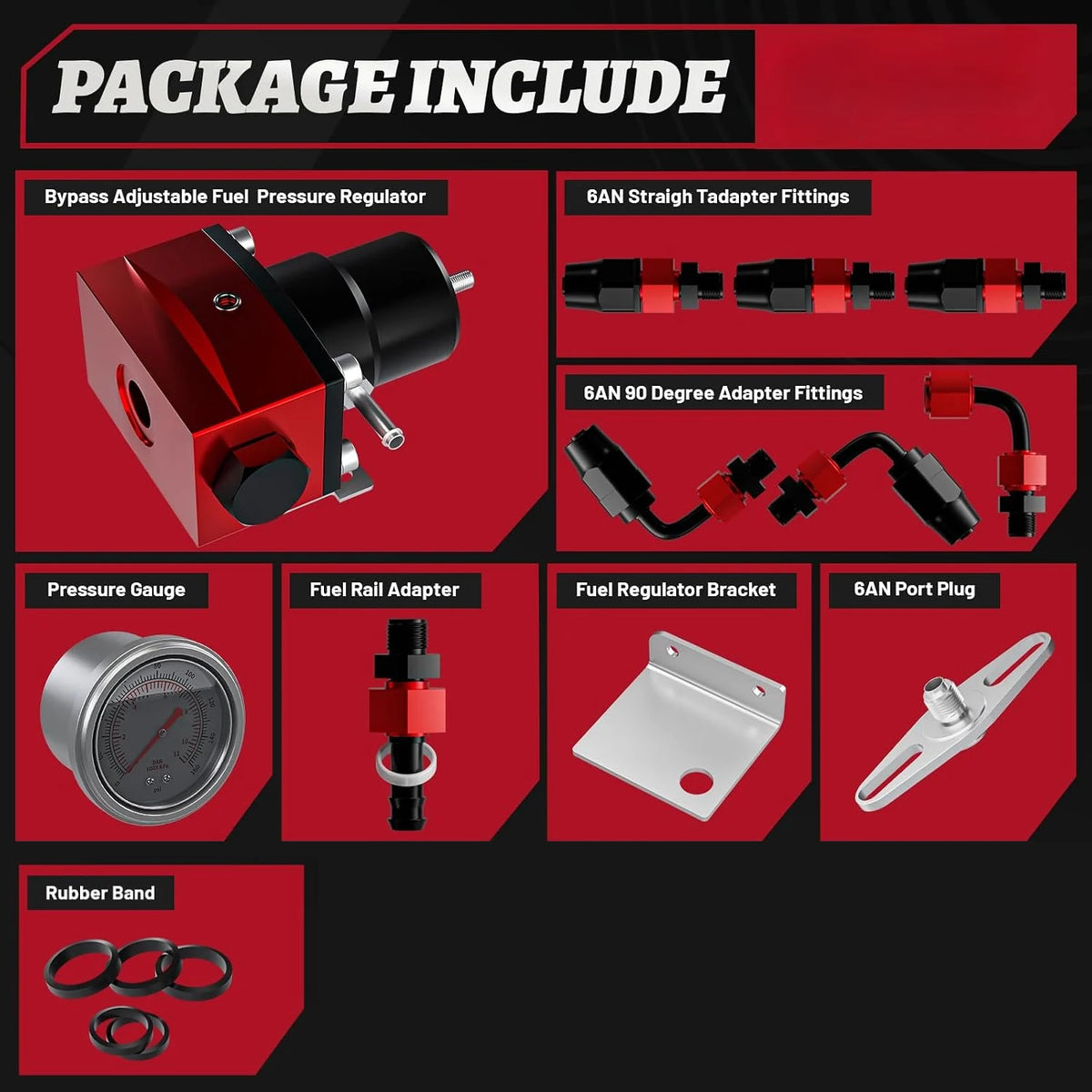 Universal Adjustable EFI Aluminum Fuel Pressure Regulator Kit w/ 0-160 psi Gauge AN6-6AN Fuel Line Hose Fittings Blue & Red