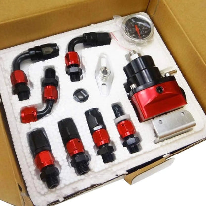 Universal Adjustable EFI Aluminum Fuel Pressure Regulator Kit w/ 0-160 psi Gauge AN6-6AN Fuel Line Hose Fittings Black & Red