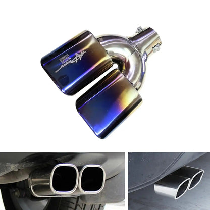 A universal car exhaust muffler with a double-tip design in blue and silver, shown from various angles, including close-ups of the attachment point and installed view on a vehicle