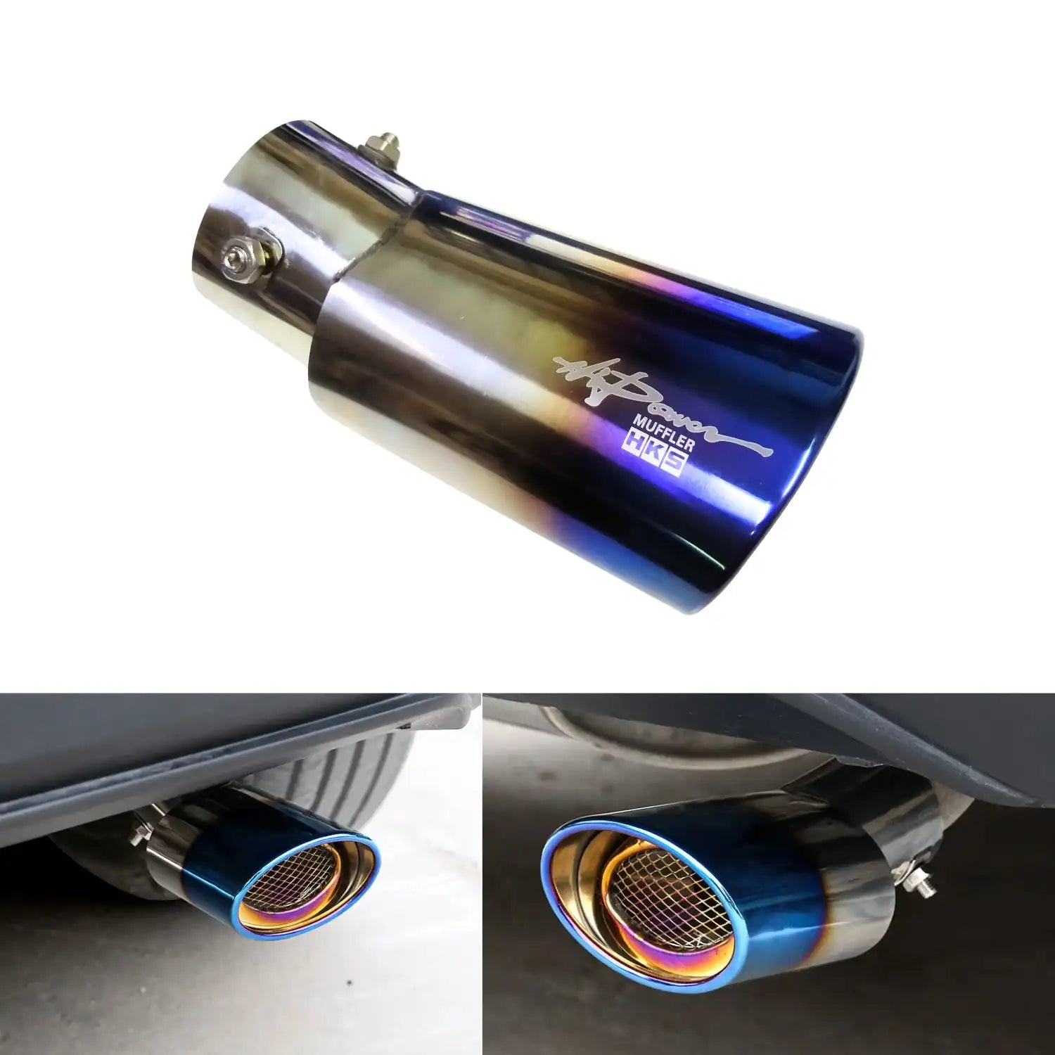 Universal Car Exhaust Muffler Single TIP Stainless Steel Silencer Cover Blue & Silver Color