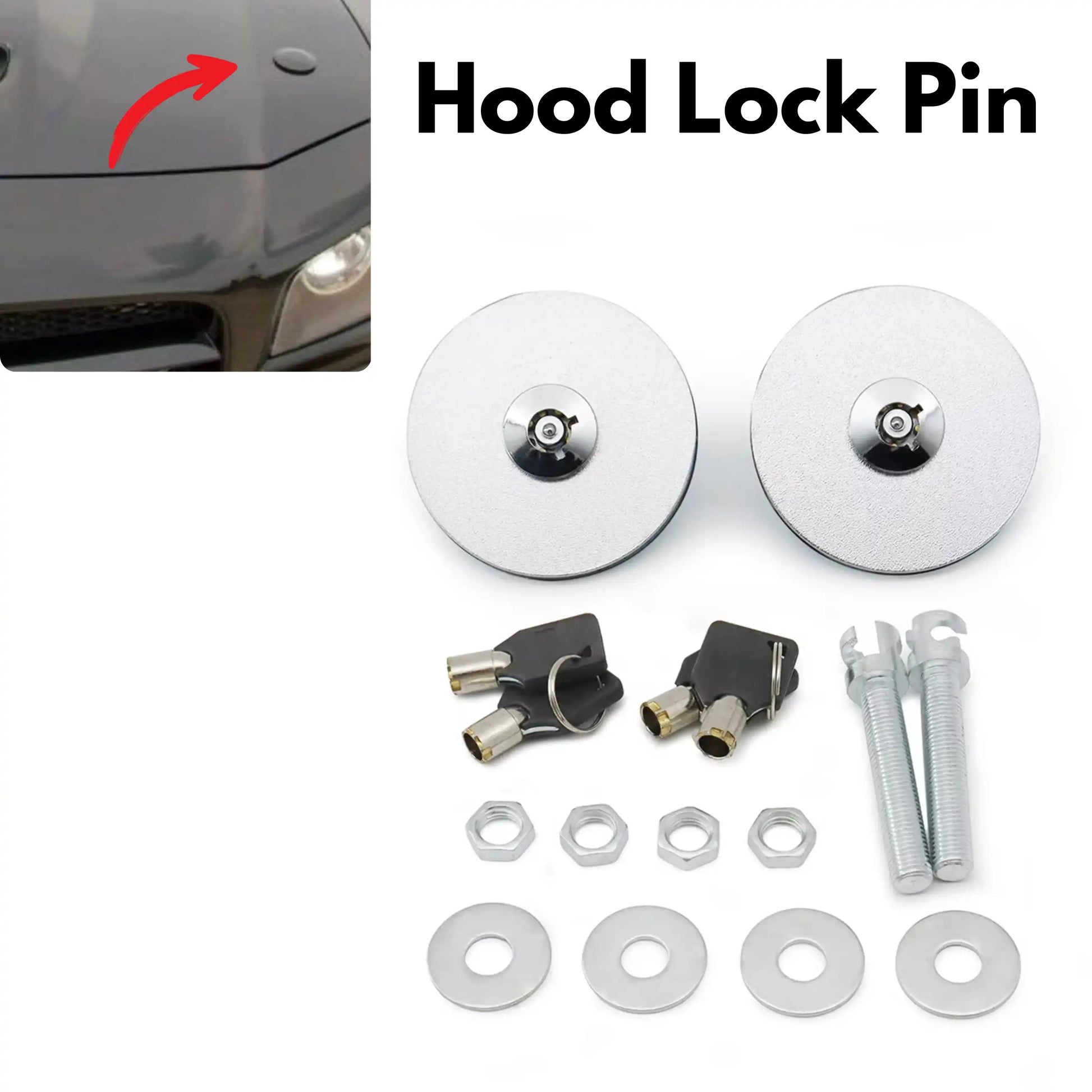 Universal Hood Lock Pin Engine Bonnet Lock Kit with Keys - Silver