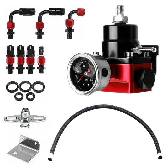 Universal Adjustable EFI Aluminum Fuel Pressure Regulator Kit w/ 0-160 psi Gauge AN6-6AN Fuel Line Hose Fittings Black & Red
