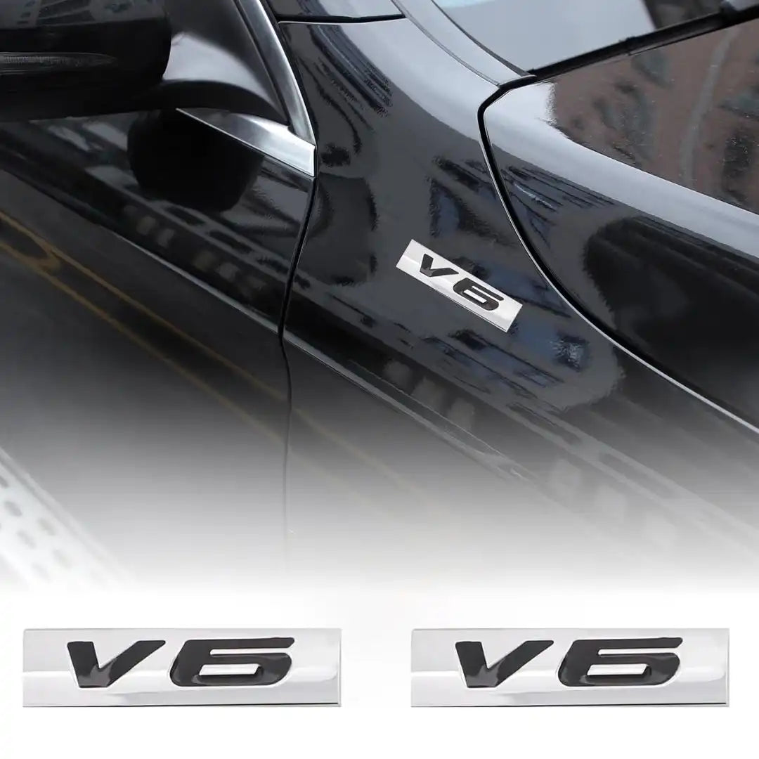 V6 Emblem Metal Badge – 3D Chrome & Black Decal