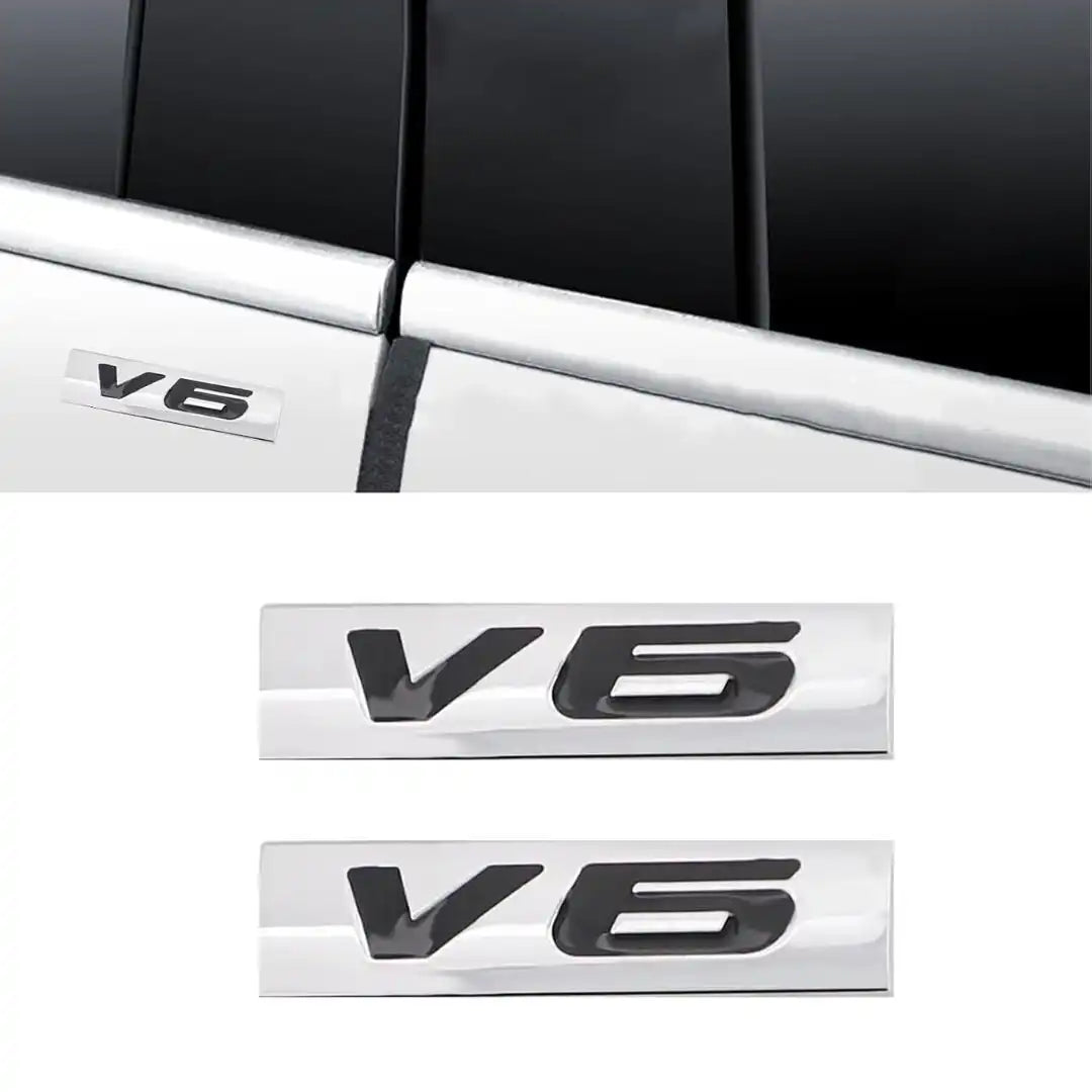 V6 Emblem Metal Badge – 3D Chrome & Black Decal