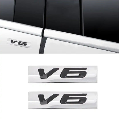 V6 Emblem Metal Badge – 3D Chrome & Black Decal