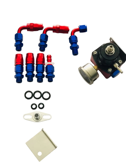 Universal Adjustable EFI Aluminum Fuel Pressure Regulator Kit w/ 0-160 psi Gauge AN6-6AN Fuel Line Hose Fittings Blue & Red