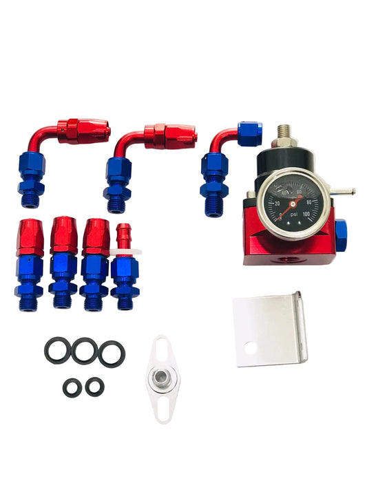 Universal Adjustable EFI Aluminum Fuel Pressure Regulator Kit w/ 0-160 psi Gauge AN6-6AN Fuel Line Hose Fittings Blue & Red