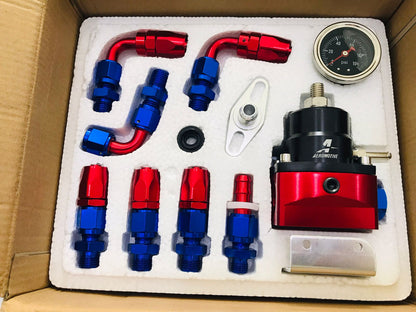 Universal Adjustable EFI Aluminum Fuel Pressure Regulator Kit w/ 0-160 psi Gauge AN6-6AN Fuel Line Hose Fittings Blue & Red