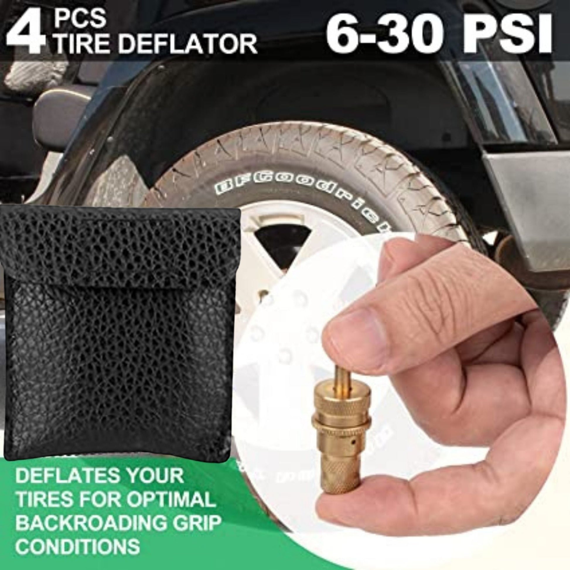 Automatic Tire Deflator, 6-30 PSI Tyre Deflator Kit with Storage Bag for Car, Tires, Truck, Motorcycle, Jeep and ATV (4 Pack) Full Throttle Pakistan